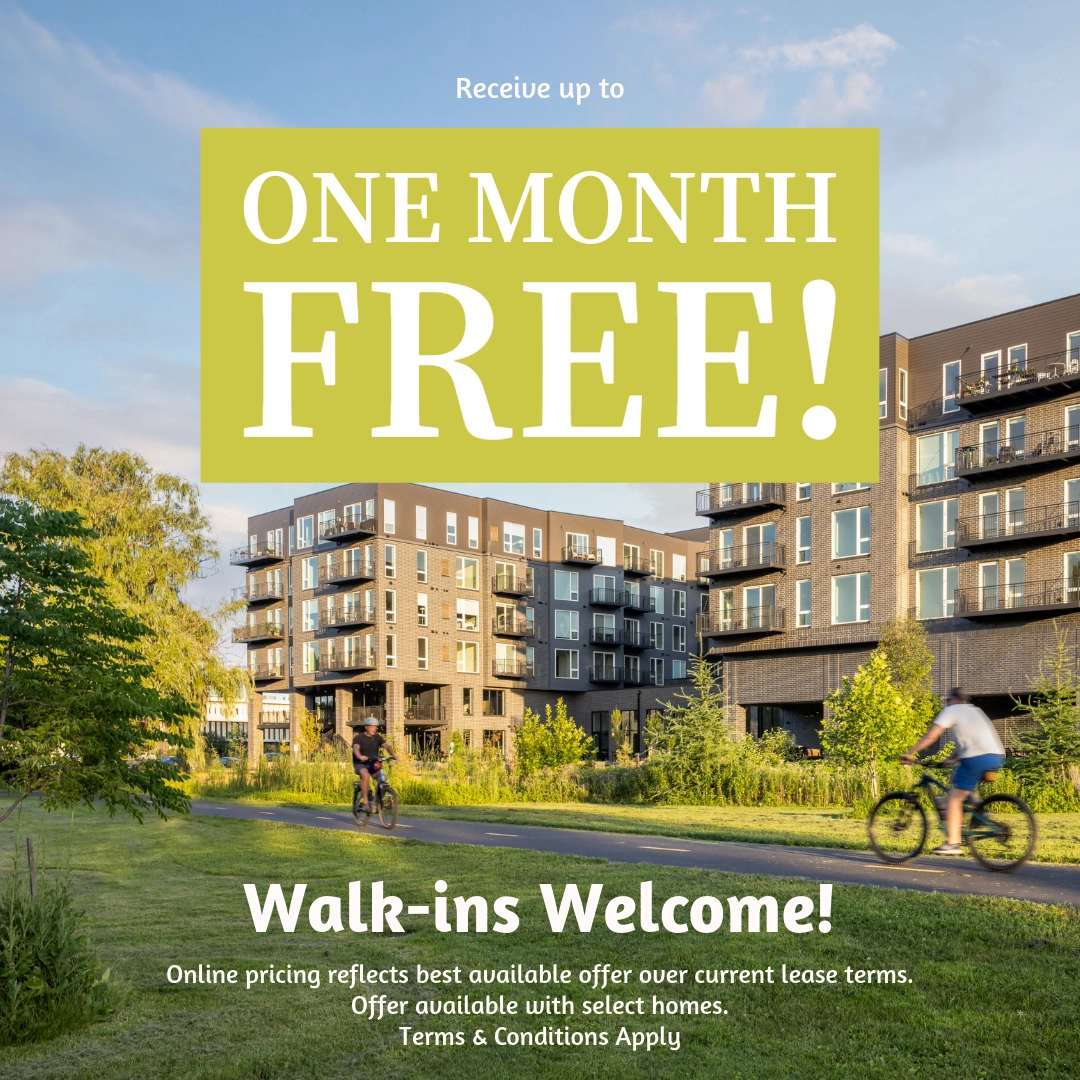 Receive up to One Month Free! Walk-ins Welcome. Unit pricing reflects best available offer over current lease terms. Offer available for select units. Terms & Conditions apply.